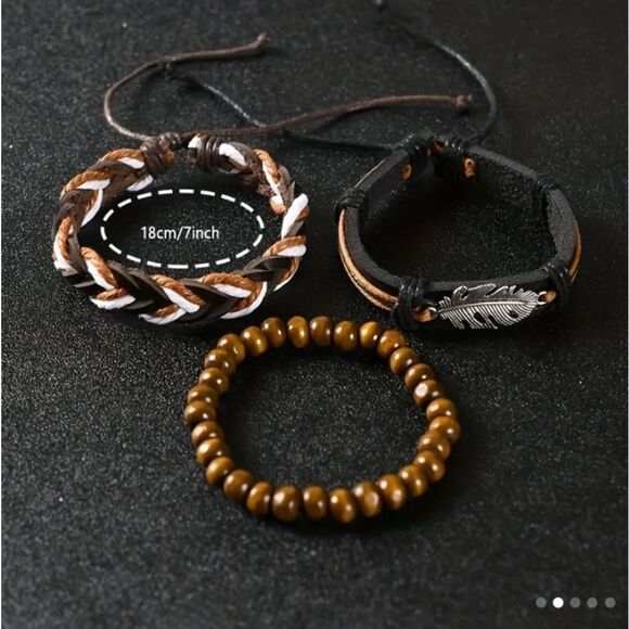Men's leather bracelets 3pc layered beaded brown feather new d18 - Picture 2 of 2